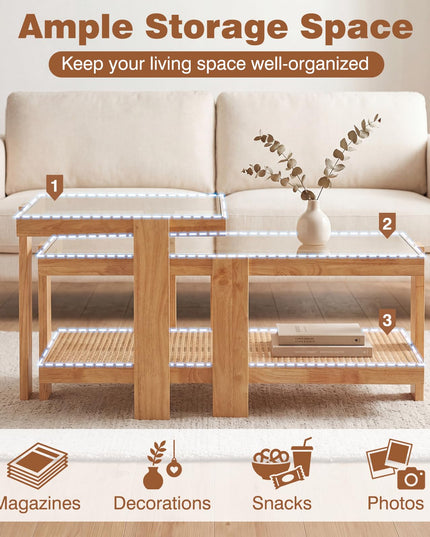 Giantex Nesting Coffee Table Set of 2 with Tempered Glass Top & Solid Rubber Wood Frame