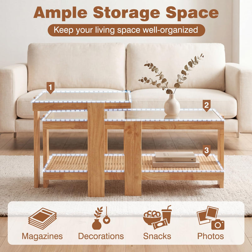 Giantex Nesting Coffee Table Set of 2 with Tempered Glass Top & Solid Rubber Wood Frame