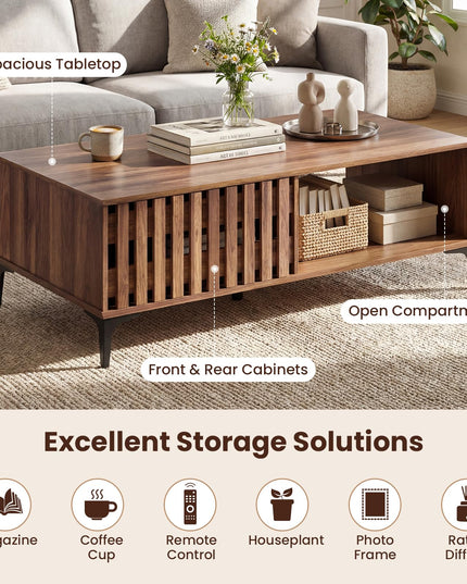 Giantex 47 Inch Wood Mid Century Coffee Table with Fluted Door Front & Rear Cabinets