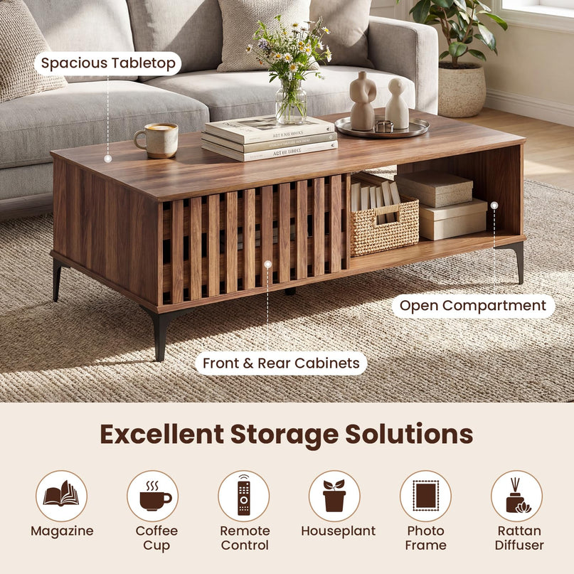 Table basse Giantex 47 pouces en bois style milieu du siècle avec porte cannelée et compartiments avant et arrière
