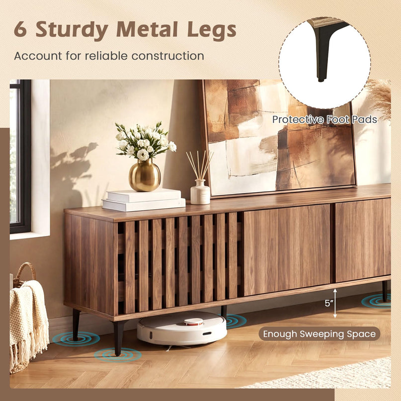 Giantex 4-Door Slatted TV Stand for 80 Inches TVs with 4 Storage Cabinets