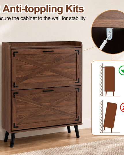 Giantex Farmhouse Shoe Storage Cabinet with 2 Flip Drawers for Entryway