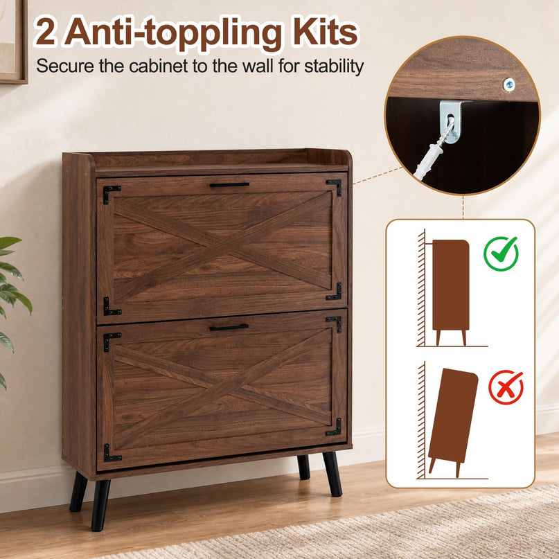Giantex Farmhouse Shoe Storage Cabinet with 2 Flip Drawers for Entryway