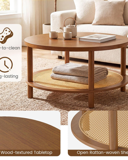 Giantex Rattan Coffee Table with Storage & Solid Rubber Wood Legs