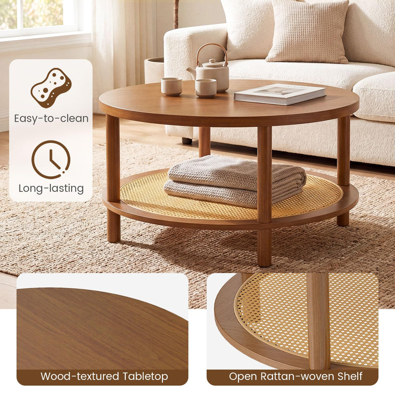 Giantex Rattan Coffee Table with Storage & Solid Rubber Wood Legs