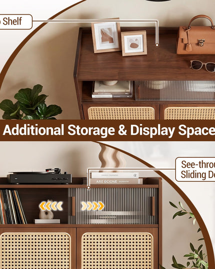 Giantex Bamboo Shoe Cabinet w/Woven Rattan Doors and Shelves & Sliding Doors