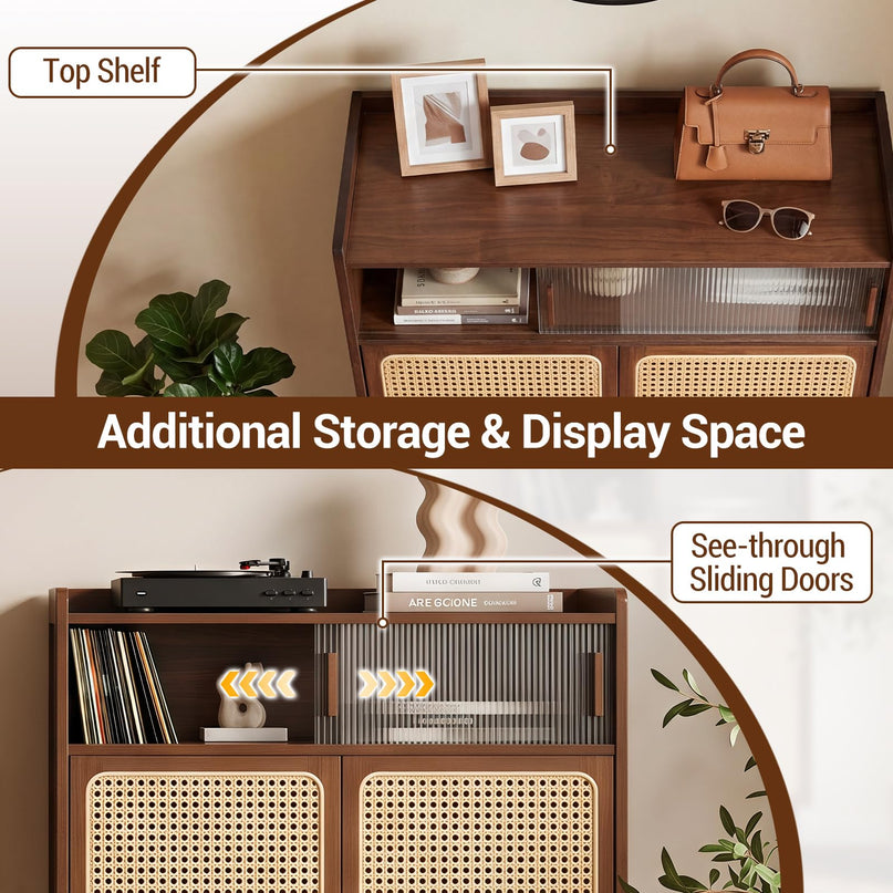 Giantex Bamboo Shoe Cabinet w/Woven Rattan Doors and Shelves & Sliding Doors