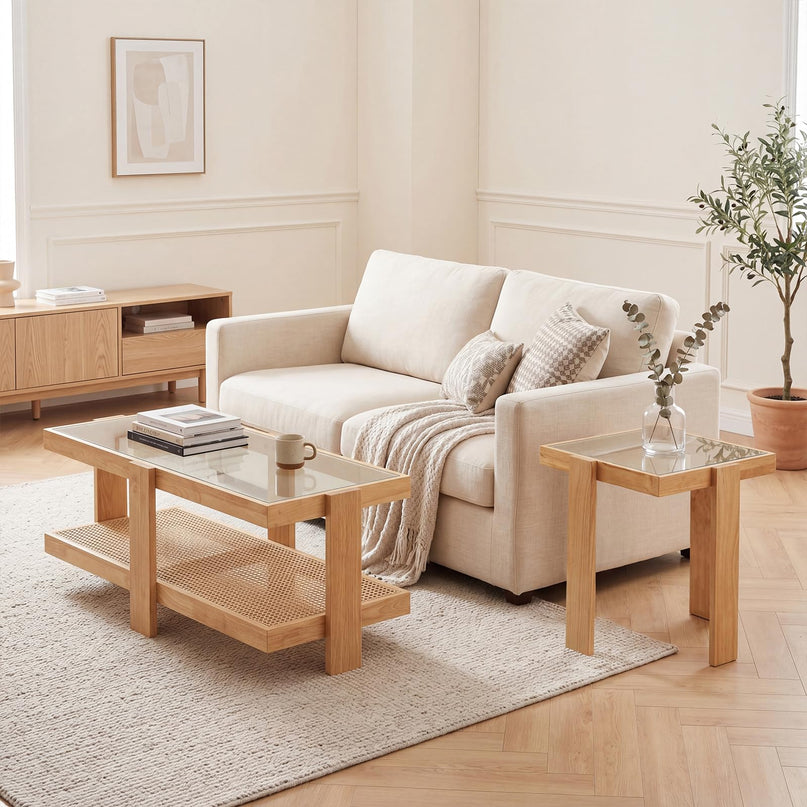 Giantex Nesting Coffee Table Set of 2 with Tempered Glass Top & Solid Rubber Wood Frame