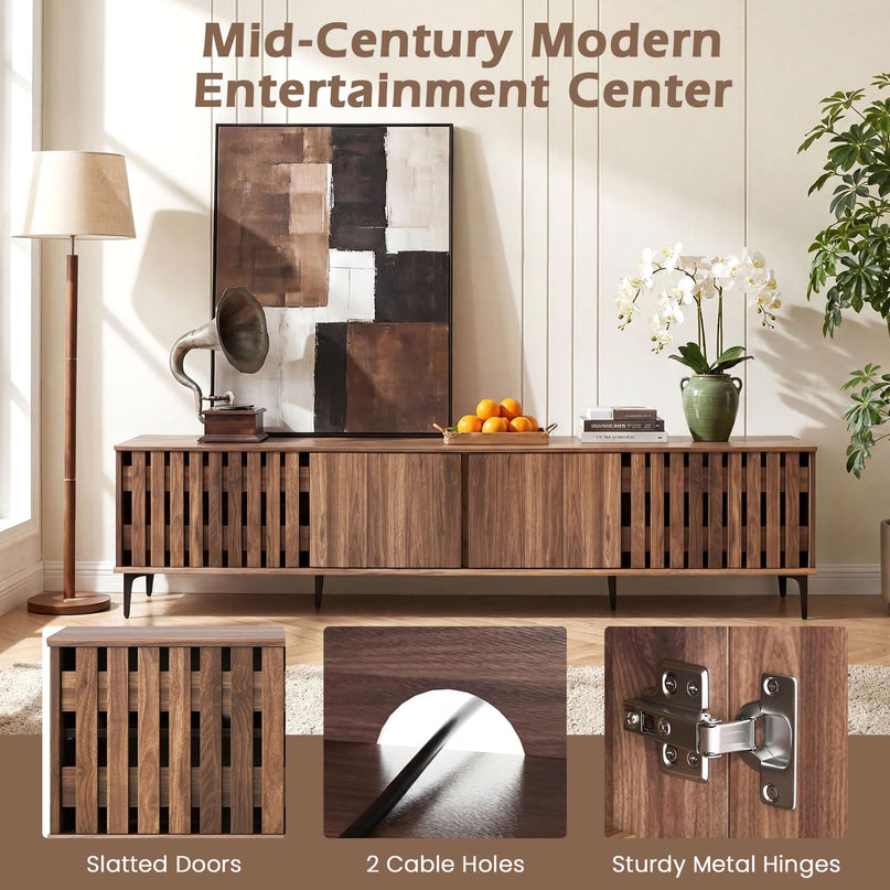 Giantex 4-Door Slatted TV Stand for 80 Inches TVs with 4 Storage Cabinets