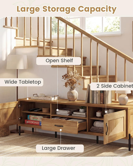Giantex Farmhouse Rattan TV Stand for TVs up to 80” w/ 2 Storage Cabinets Open Shelf & Drawer
