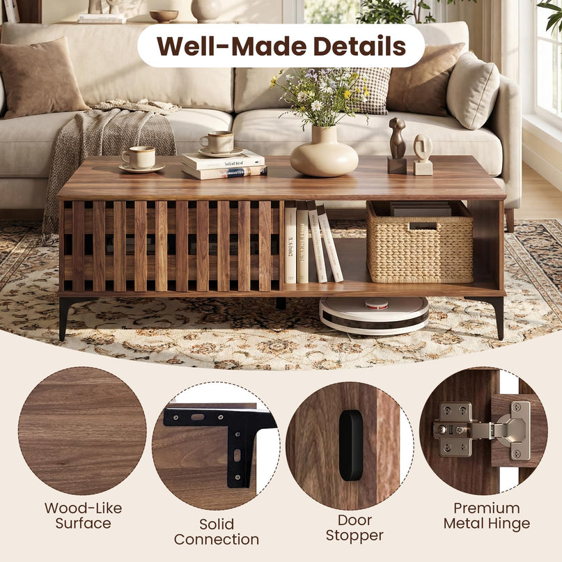 Table basse Giantex 47 pouces en bois style milieu du siècle avec porte cannelée et compartiments avant et arrière
