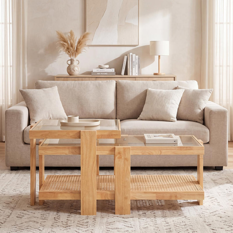 Giantex Nesting Coffee Table Set of 2 with Tempered Glass Top & Solid Rubber Wood Frame