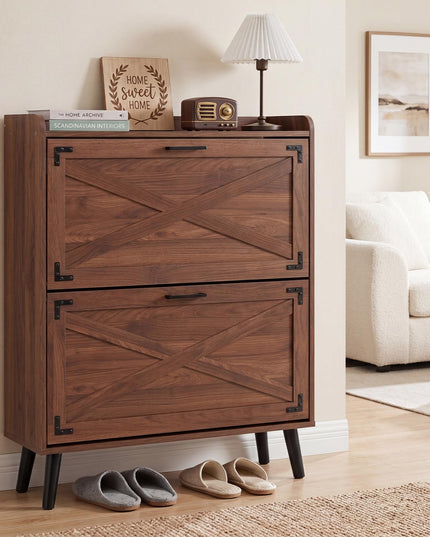 Giantex Farmhouse Shoe Storage Cabinet with 2 Flip Drawers for Entryway