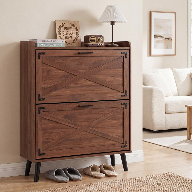 Giantex Farmhouse Shoe Storage Cabinet with 2 Flip Drawers for Entryway
