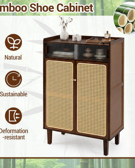 Giantex Bamboo Shoe Cabinet w/Woven Rattan Doors and Shelves & Sliding Doors
