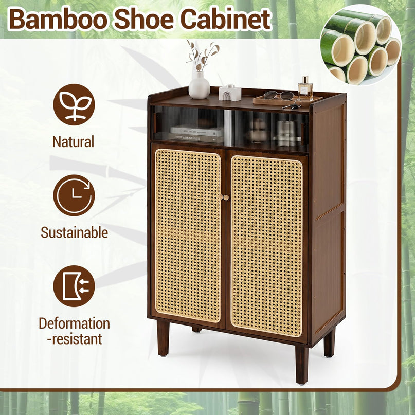 Giantex Bamboo Shoe Cabinet w/Woven Rattan Doors and Shelves & Sliding Doors