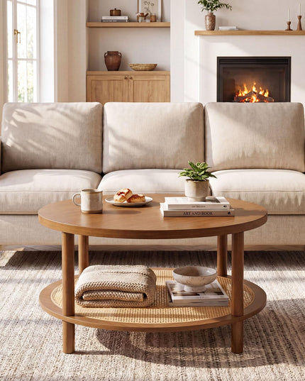 Giantex Rattan Coffee Table with Storage & Solid Rubber Wood Legs