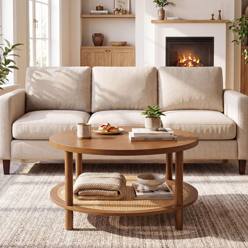 Giantex Rattan Coffee Table with Storage & Solid Rubber Wood Legs