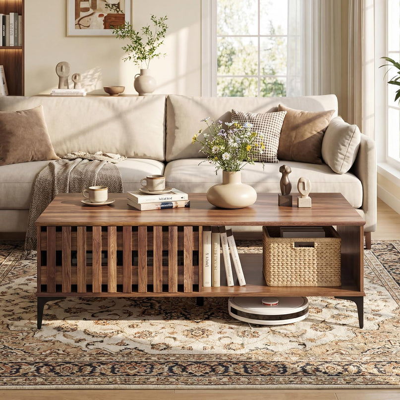 Table basse Giantex 47 pouces en bois style milieu du siècle avec porte cannelée et compartiments avant et arrière