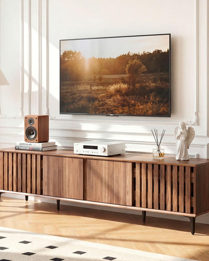 Giantex 4-Door Slatted TV Stand for 80 Inches TVs with 4 Storage Cabinets