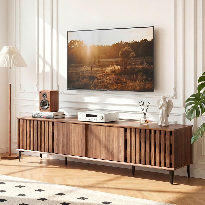 Giantex 4-Door Slatted TV Stand for 80 Inches TVs with 4 Storage Cabinets