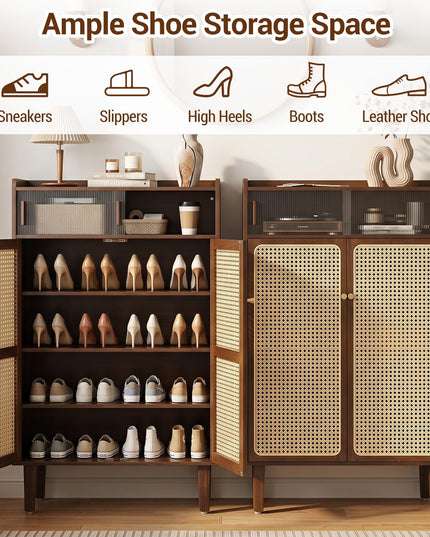 Giantex Bamboo Shoe Cabinet w/Woven Rattan Doors and Shelves & Sliding Doors