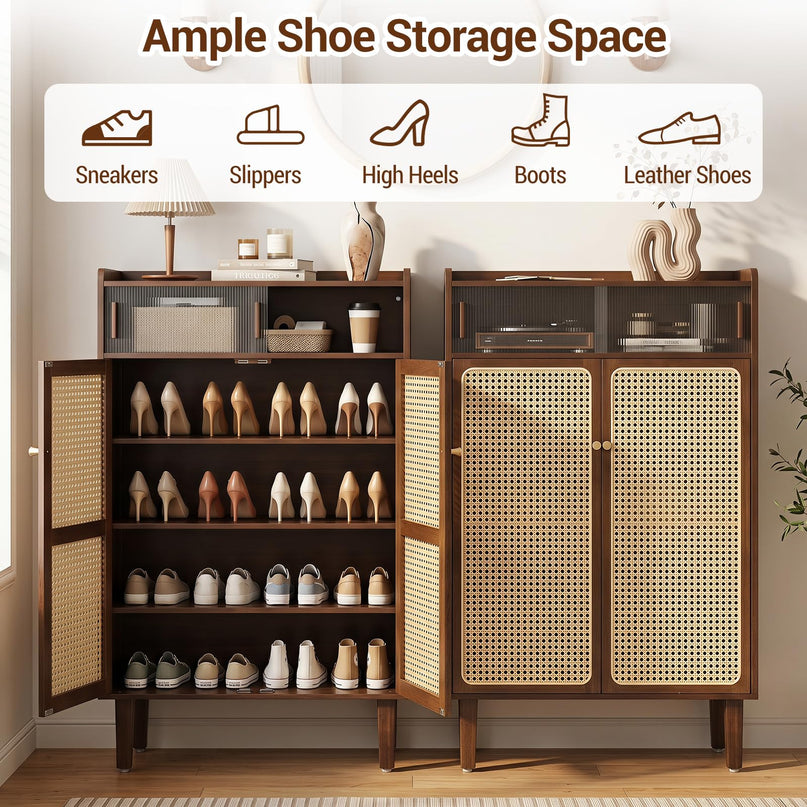 Giantex Bamboo Shoe Cabinet w/Woven Rattan Doors and Shelves & Sliding Doors