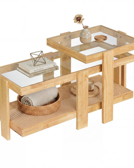 Giantex Nesting Coffee Table Set of 2 with Tempered Glass Top & Solid Rubber Wood Frame