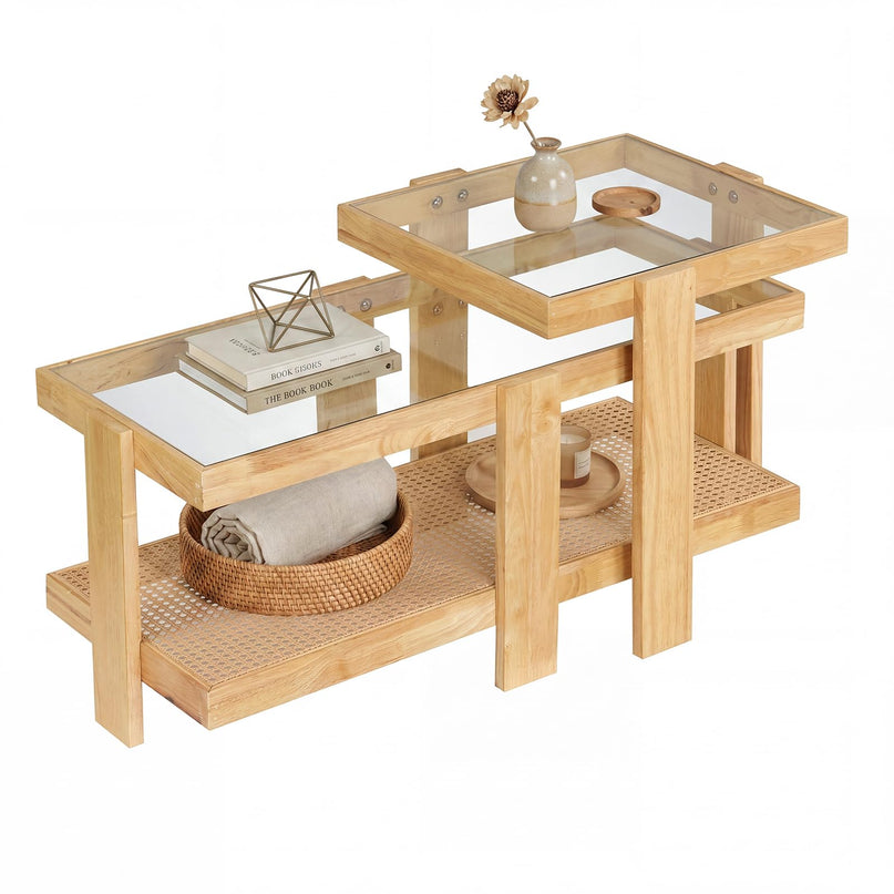 Giantex Nesting Coffee Table Set of 2 with Tempered Glass Top & Solid Rubber Wood Frame