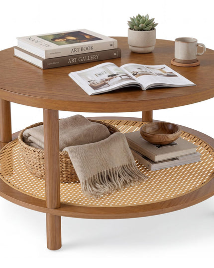 Giantex Rattan Coffee Table with Storage & Solid Rubber Wood Legs