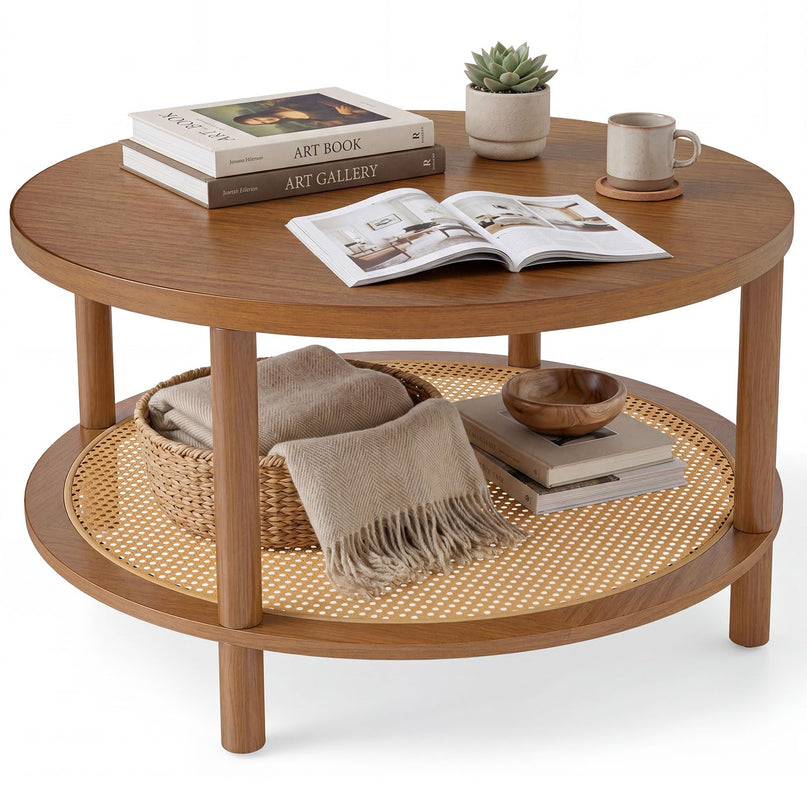 Giantex Rattan Coffee Table with Storage & Solid Rubber Wood Legs