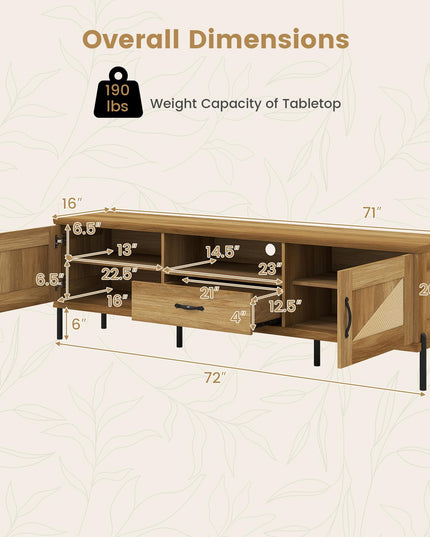 Giantex Farmhouse Rattan TV Stand for TVs up to 80” w/ 2 Storage Cabinets Open Shelf & Drawer