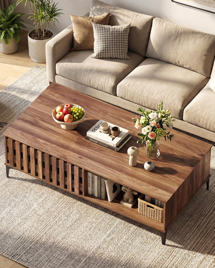 Giantex 47 Inch Wood Mid Century Coffee Table with Fluted Door Front & Rear Cabinets