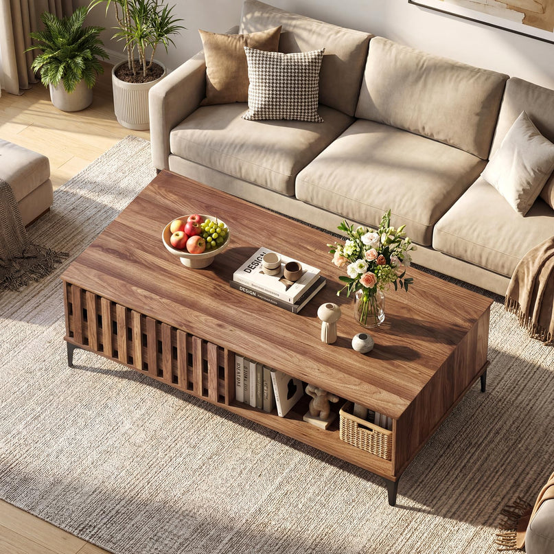 Table basse Giantex 47 pouces en bois style milieu du siècle avec porte cannelée et compartiments avant et arrière