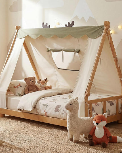 Giantex Twin Floor Bed for Kids, House Wood Bed Frame with Tent