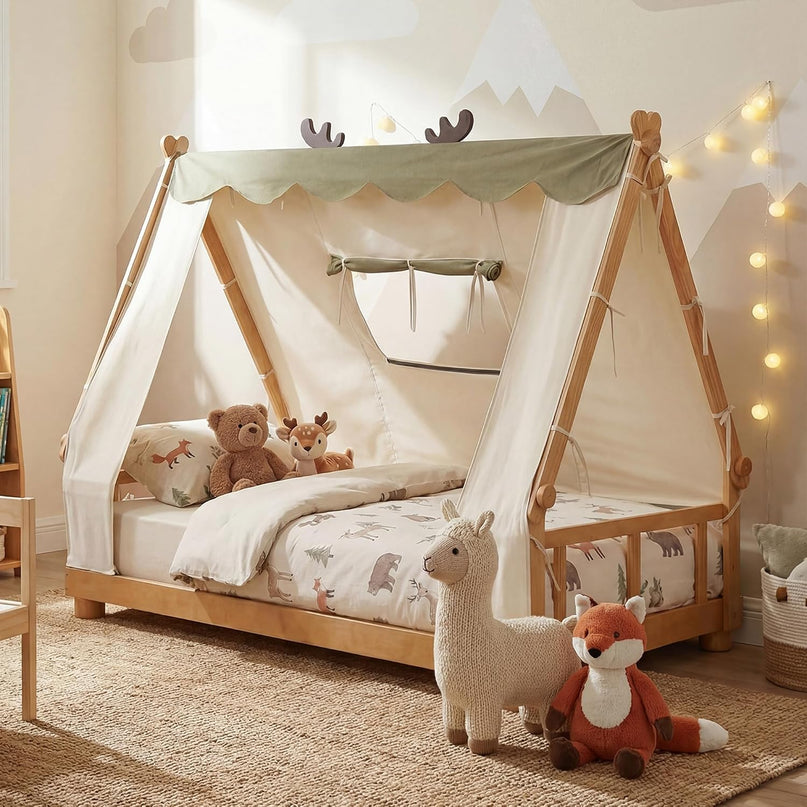 Giantex Twin Floor Bed for Kids, House Wood Bed Frame with Tent