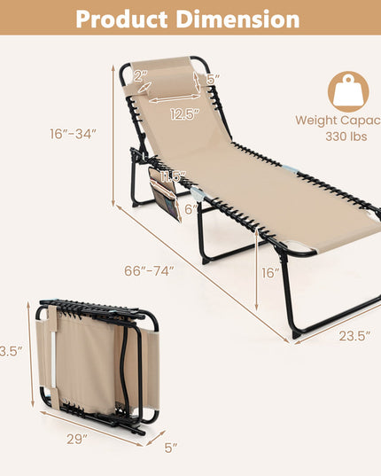 Folding Chaise Lounge Chair, Adjustable Beach Chair, Folding Patio Recliner