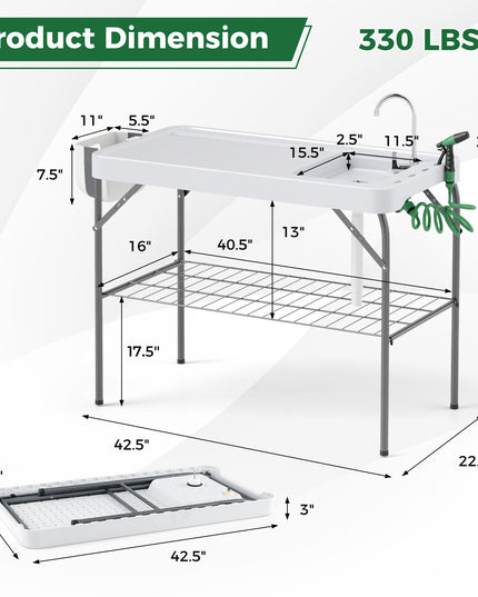 Table de nettoyage de poisson pliante Giantex, station de découpe à filet avec évier, robinet, buse de pulvérisation, tuyau de drainage
