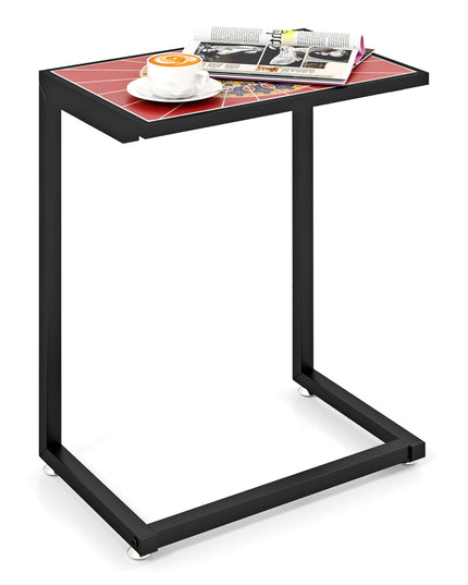 Giantex C-Shaped Outdoor Side Table - Patio End Table w/Ceramic Top & Metal Frame