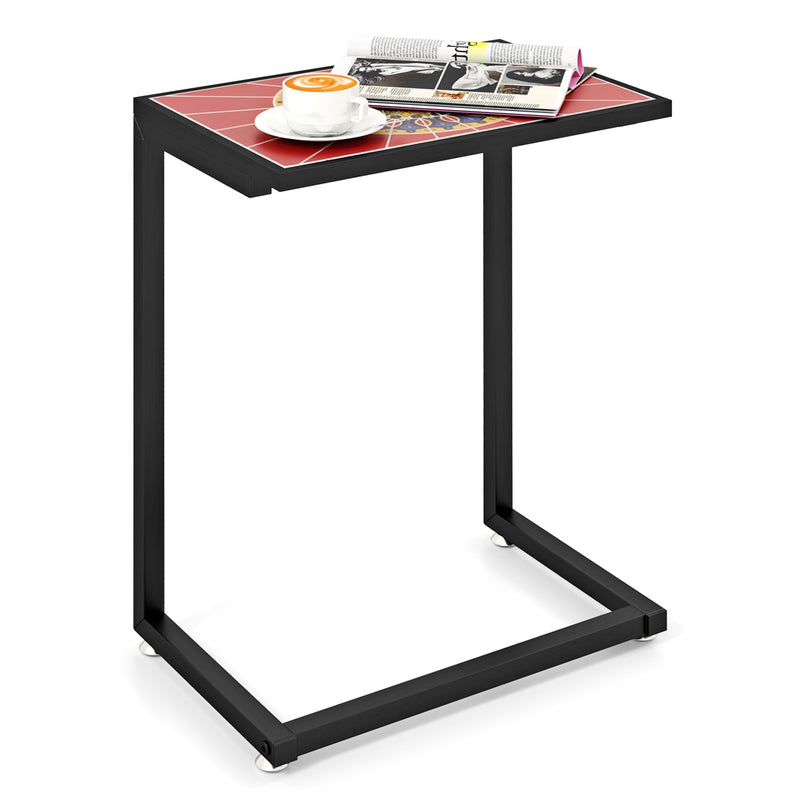 Giantex C-Shaped Outdoor Side Table - Patio End Table w/Ceramic Top & Metal Frame
