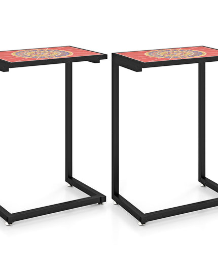 Giantex C-Shaped Outdoor Side Table - Patio End Table w/Ceramic Top & Metal Frame
