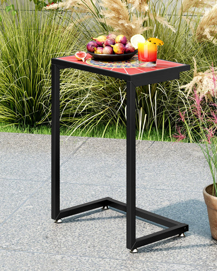 Giantex C-Shaped Outdoor Side Table - Patio End Table w/Ceramic Top & Metal Frame