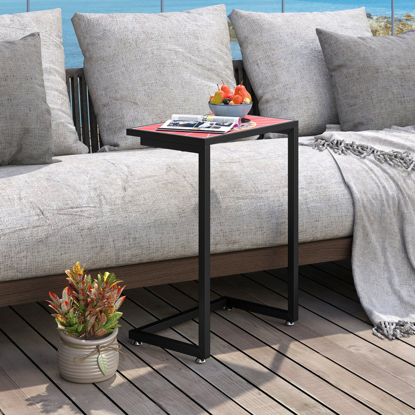 Giantex C-Shaped Outdoor Side Table - Patio End Table w/Ceramic Top & Metal Frame