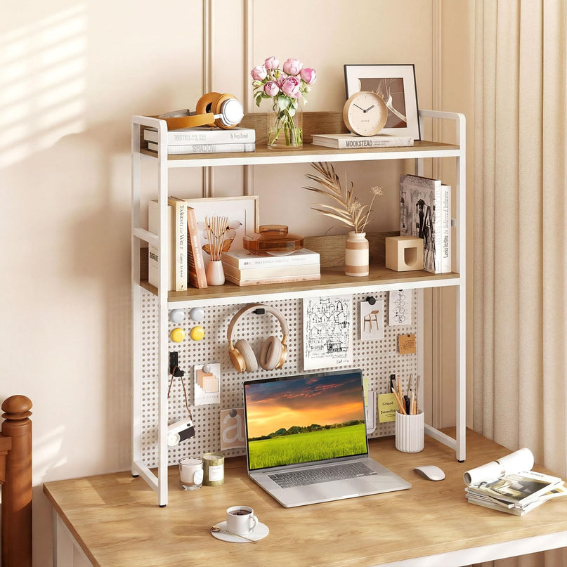 Giantex 2-Tier Desk Hutch Dorm with Pegboard for up to 32" Computer Monitor