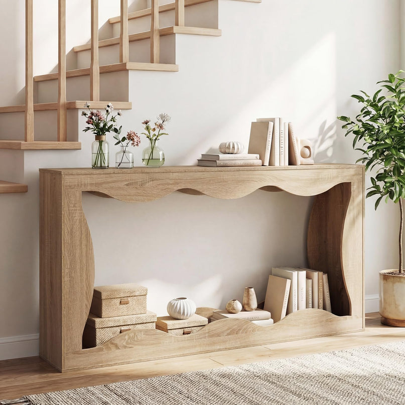 Giantex 63" Farmhouse Console Table 2-Tier Wavy Entryway Table with Built-in Storage Space