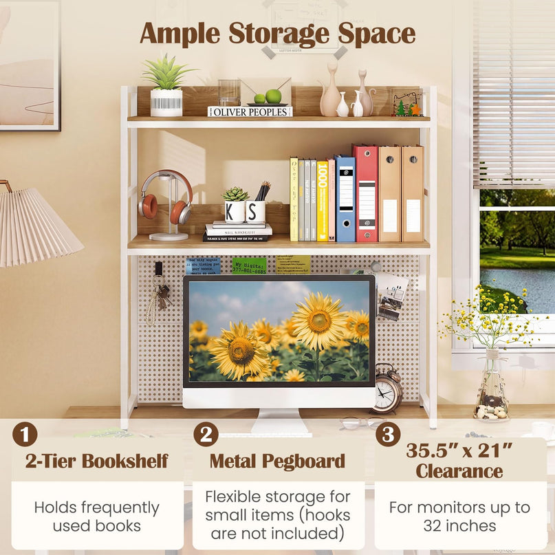 Giantex 2-Tier Desk Hutch Dorm with Pegboard for up to 32" Computer Monitor