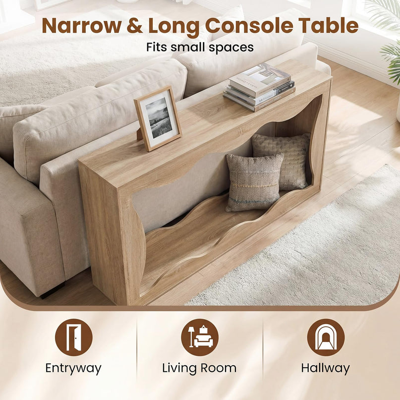 Giantex 63" Farmhouse Console Table 2-Tier Wavy Entryway Table with Built-in Storage Space