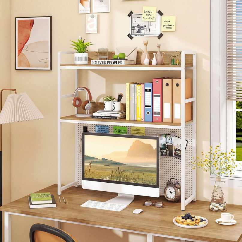 Giantex 2-Tier Desk Hutch Dorm with Pegboard for up to 32" Computer Monitor