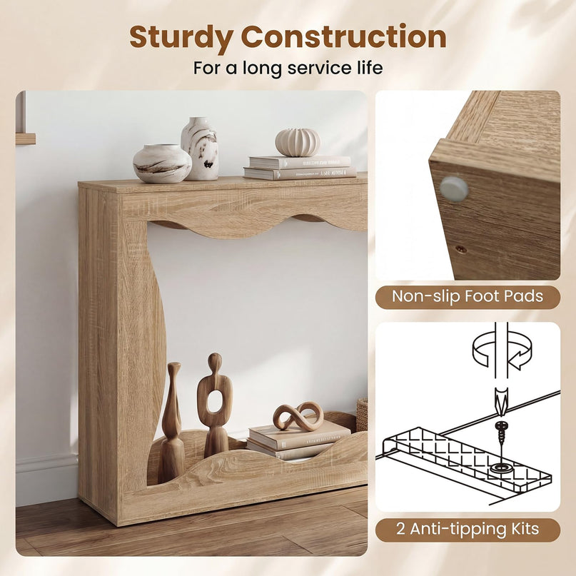 Giantex 63" Farmhouse Console Table 2-Tier Wavy Entryway Table with Built-in Storage Space