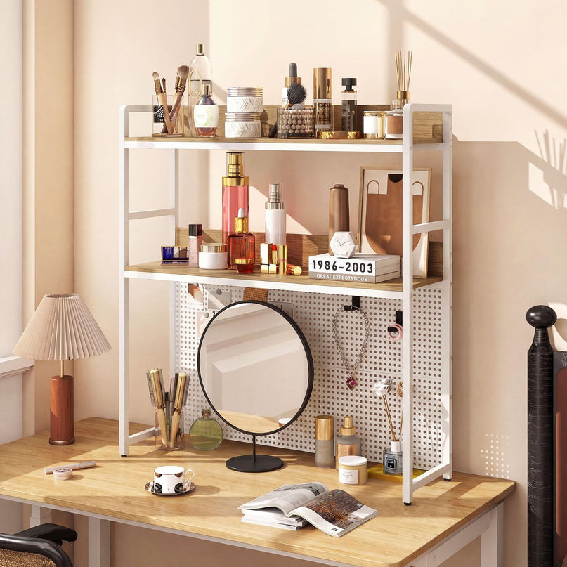 Giantex 2-Tier Desk Hutch Dorm with Pegboard for up to 32" Computer Monitor